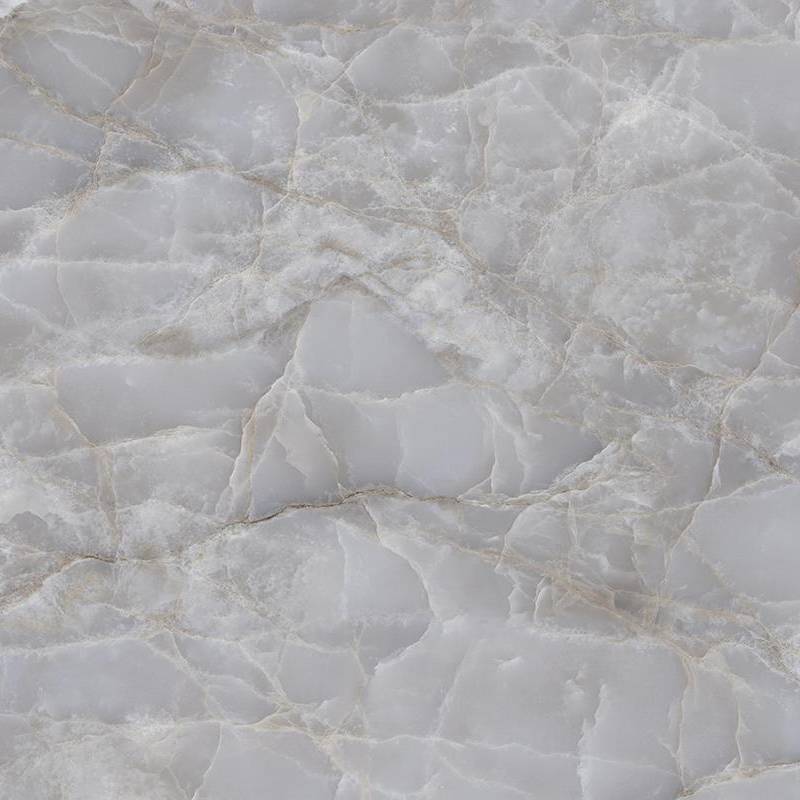 Close-up image of a porcelain tile with a marble effect. The tile has a variety of light grey and off-white tones with subtle veins of a darker grey, creating an elegant and natural stone appearance.