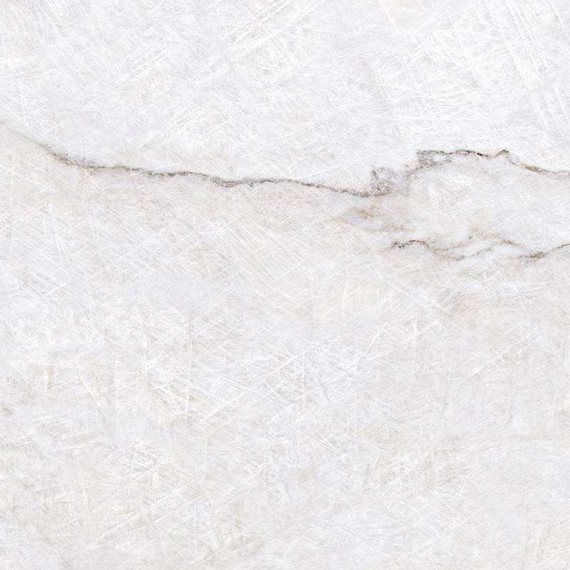 A high-resolution image of a porcelain tile with a subtle marble effect, featuring a blend of white and light gray tones with delicate, wispy veining. The surface has a glossy finish that reflects light, giving the impression of depth and texture.