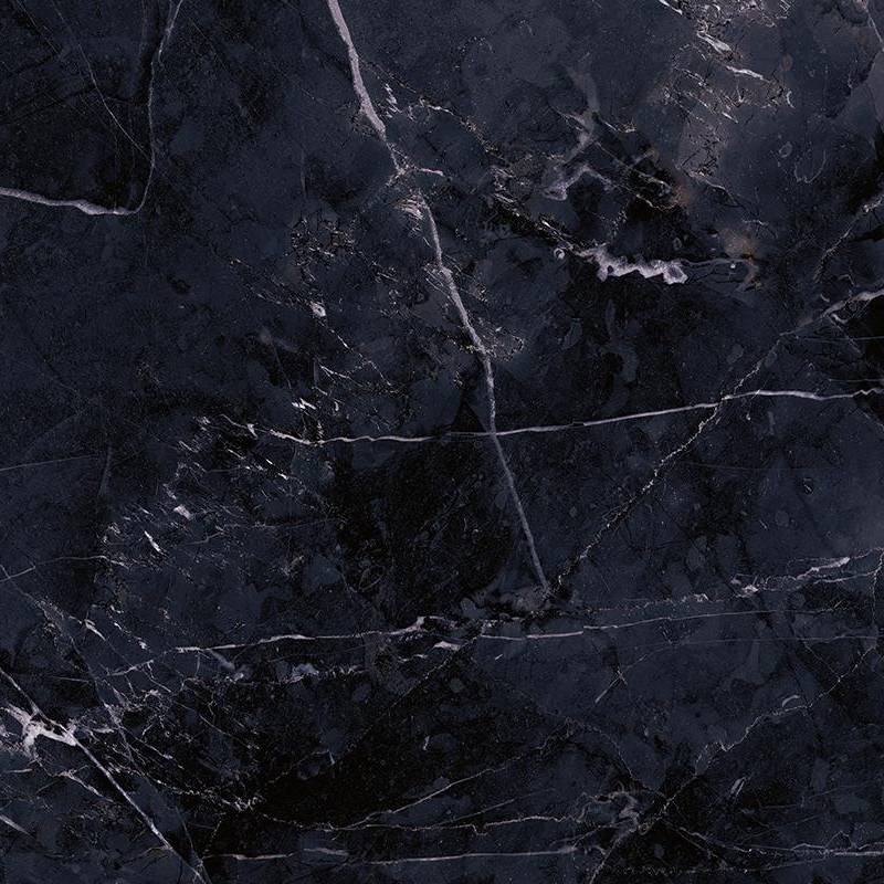 A detailed image of a porcelain tile that mimics the appearance of natural Calacatta Black marble, featuring deep black color with intricate white and gray veining throughout.