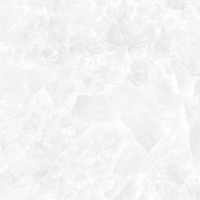 A close-up view of a porcelain tile with a Thassos marble effect, showcasing a glossy finish with abstract patterns of translucent to milky white hues and subtle light gray veining.