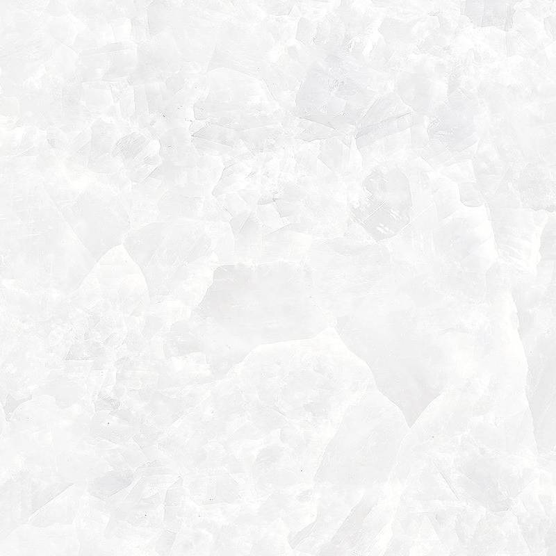 A close-up view of a porcelain tile with a Thassos marble effect, showcasing a glossy finish with abstract patterns of translucent to milky white hues and subtle light gray veining.