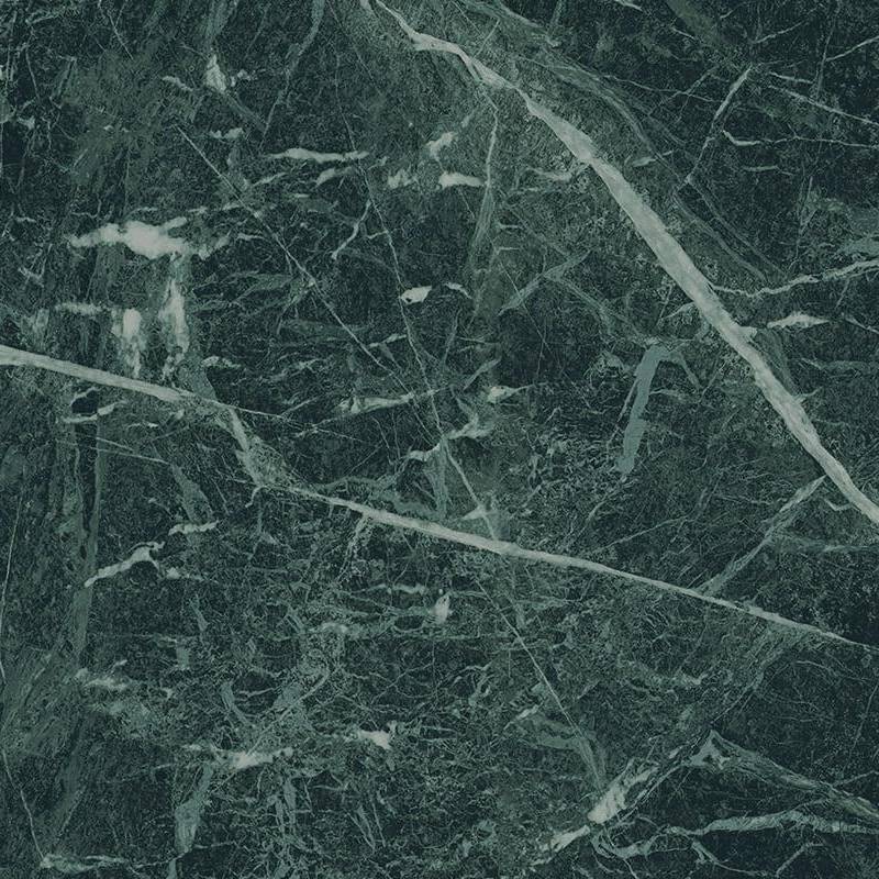 A close-up view of a porcelain tile with a sophisticated marble pattern, predominantly in dark green shades with intricate white veining throughout, suggesting a luxurious and natural stone aesthetic. |