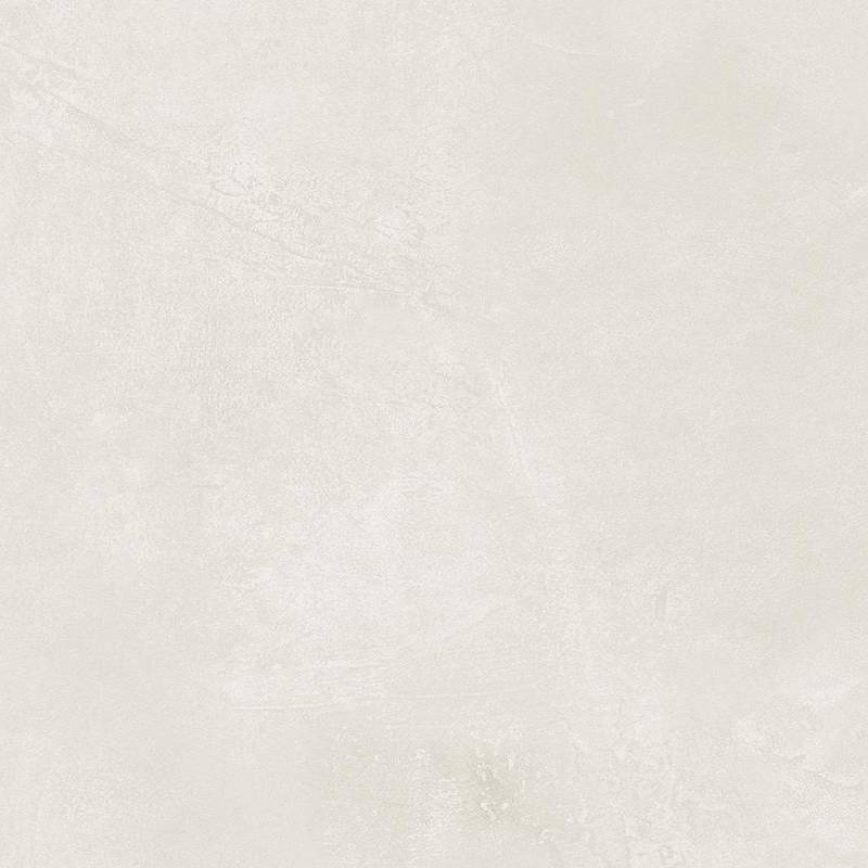 Close-up of a porcelain tile with a subtle marbling effect, featuring a palette of off-white and light gray with faint streaks and a softly mottled texture, giving it a refined and elegant appearance. |