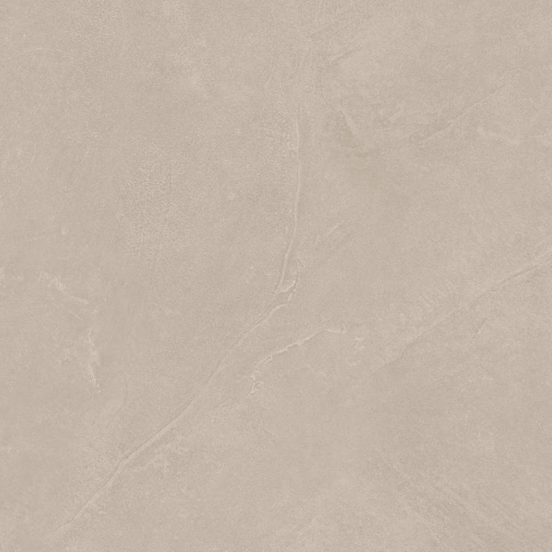 A close-up view of a porcelain tile with a smooth and slightly marbled beige texture, mimicking the appearance of natural stone.