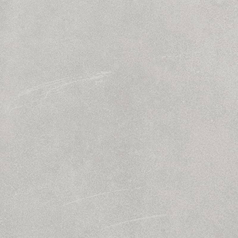 Close-up view of a porcelain tile with a subtle texture and variations in shades of light grey, mimicking the look of natural stone or concrete.
