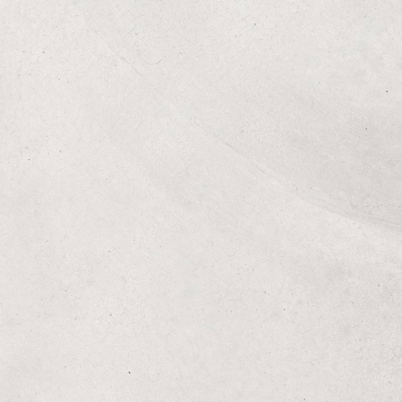 Close-up of a textured porcelain tile with a subtle, vein-like pattern, predominantly white with faint grayish details simulating the appearance of natural stone. |