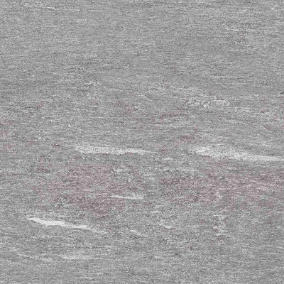 A close-up image of a porcelain tile showcasing a textured look with various shades of gray and subtle pinkish hues, resembling the appearance of natural stone. The tile's surface has a grainy, matte finish with delicate veining patterns throughout.