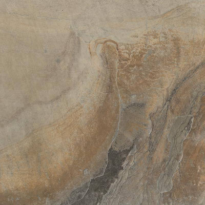Close-up of a multicolored porcelain tile with a natural stone slate design featuring swirls and veins in shades of beige, brown, and hints of gray.