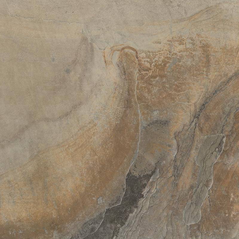 Close-up of a multicolored porcelain tile with a natural stone slate design featuring swirls and veins in shades of beige, brown, and hints of gray.