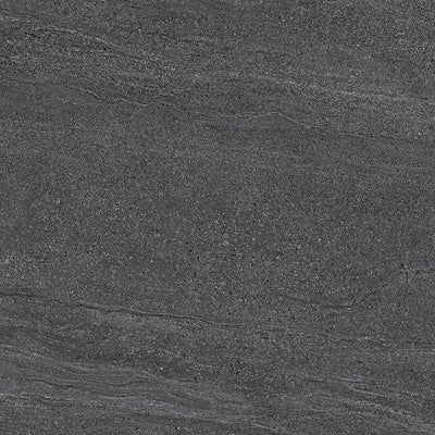 A close-up of an anthracite-colored porcelain tile with subtle linear patterns and a speckled texture that gives a natural stone appearance. |
