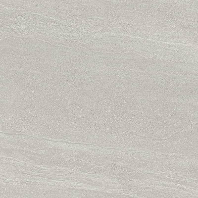 Porcelain tile with a subtle, sandstone-inspired pattern in varying shades of light grey, featuring gentle swirls and a fine-grained texture that mimics natural stone. |