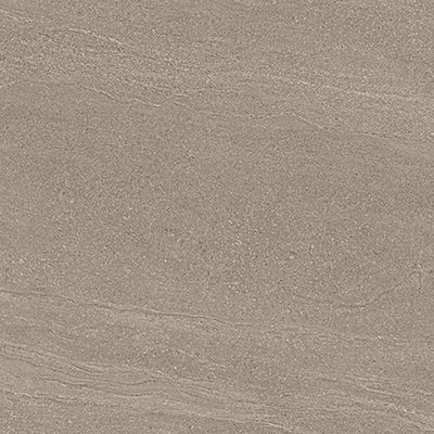 A close-up view of a smooth porcelain tile with subtle linear patterns and speckles, exhibiting shades of beige and light brown.