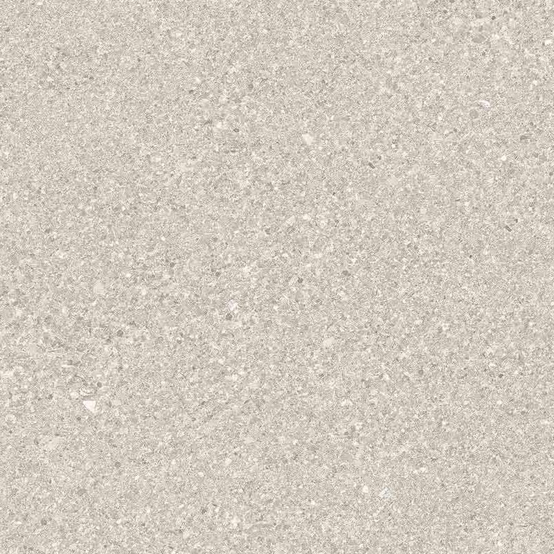 A close-up image of a porcelain tile with a fine, sandy texture and speckled pattern consisting of various shades of light and dark gray tones.