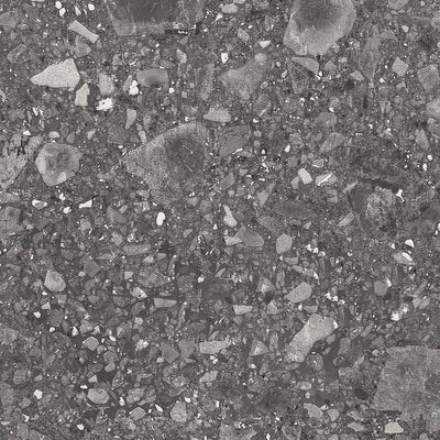 Close-up of a porcelain tile with a terrazzo-like appearance, consisting of a speckled pattern with varied shades of grey and white fragments on a darker grey background. |