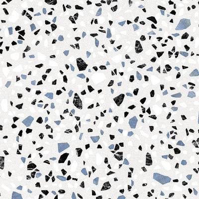 Porcelain tile featuring a terrazzo-like pattern with variously shaped and sized fragments in shades of blue, black, and gray, all embedded in a white base.