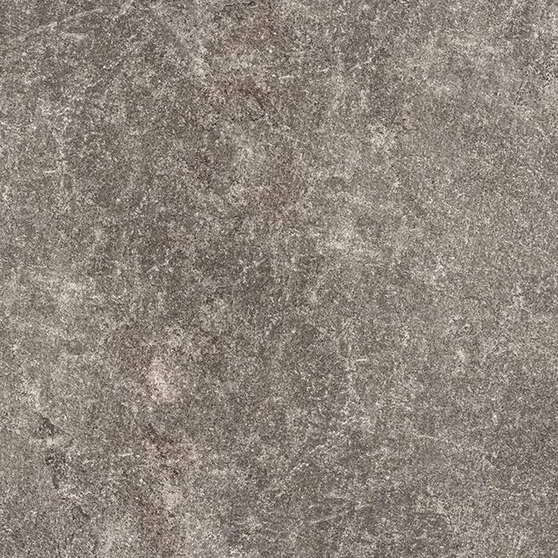 A close-up view of a textured porcelain tile with a complex pattern of varied grey shades, resembling natural stone with hints of subtle warmer tones and small white speckles. |