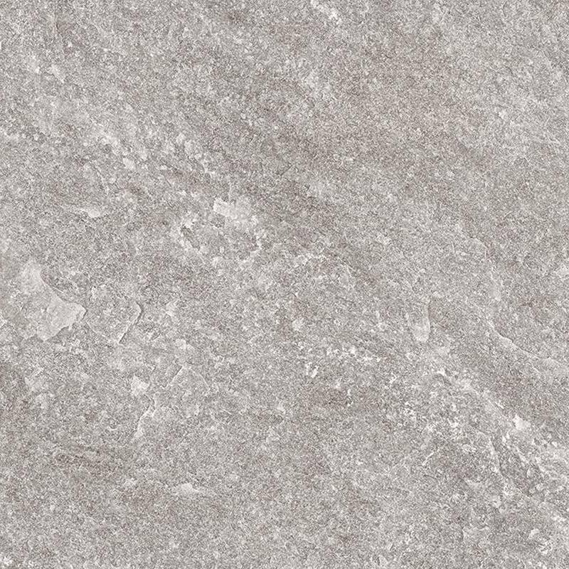 Close-up of a porcelain tile with a textured stone-like surface in various shades of gray, showing intricate details that mimic natural stone patterns.