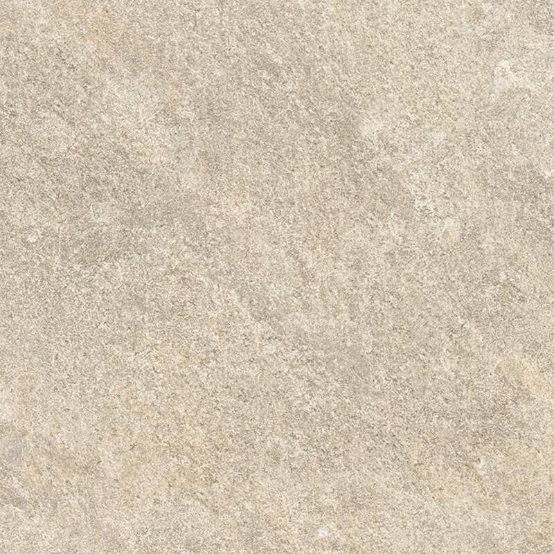 A close-up of a porcelain tile with a smooth, matte texture featuring a subtle pattern with a mix of beige and light gray tones, resembling natural stone.