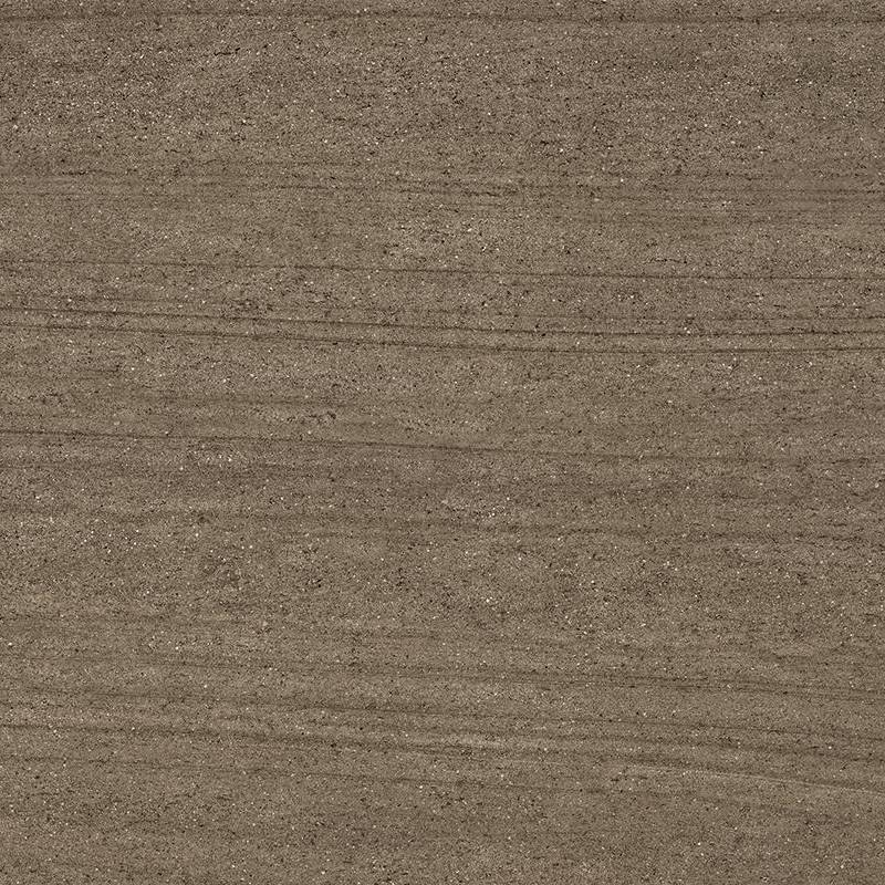 A close-up image of a porcelain tile with a textured design resembling layers of natural stone. The tile has a warm brown earthy tone with subtle dark stripes and speckles, creating a natural stone appearance.