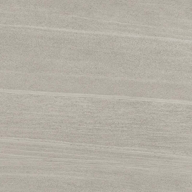 A close-up view of a porcelain tile with a subtle linear pattern, featuring a blend of light and dark shades of greige, a color between gray and beige.
