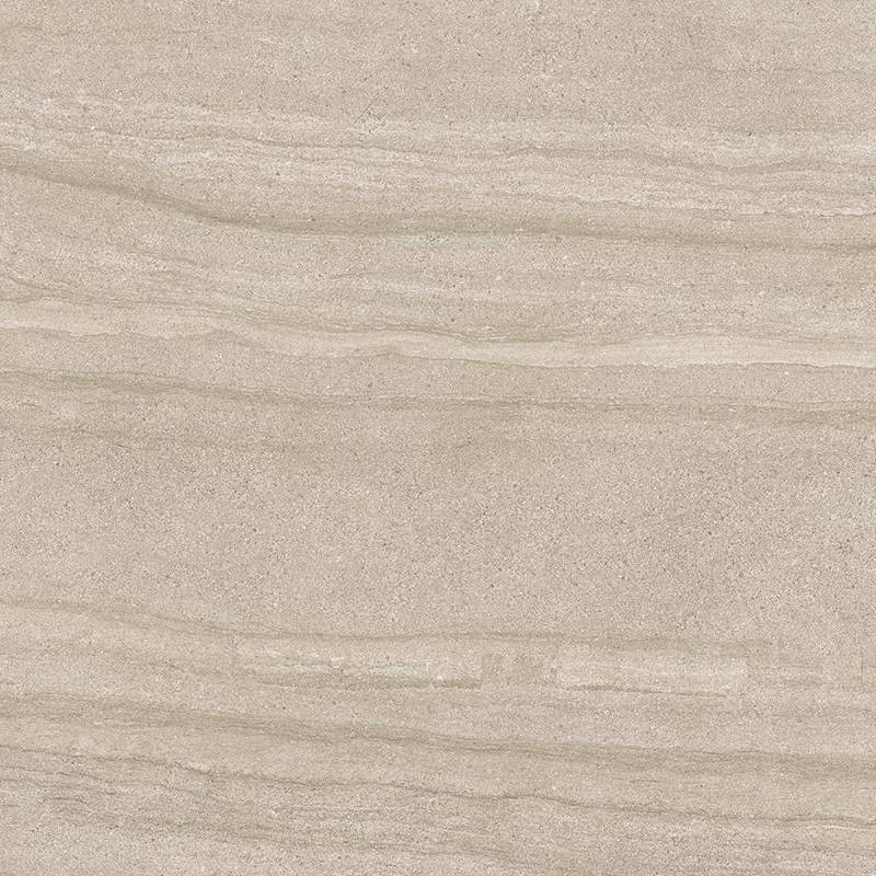 A close-up image of a porcelain tile with a textured design that mimics the appearance of layered stone in various shades of beige, featuring subtle linear patterns and a matte finish.