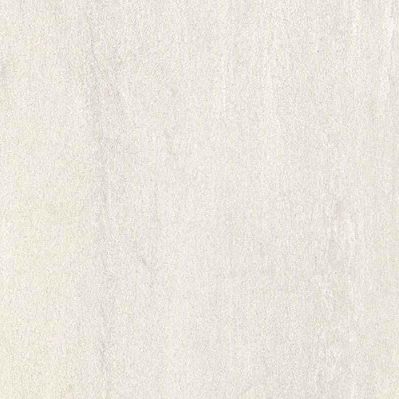 A close-up view of a porcelain tile with a subtle texture, resembling natural stone, in a light beige color with hints of white and faint veining patterns.