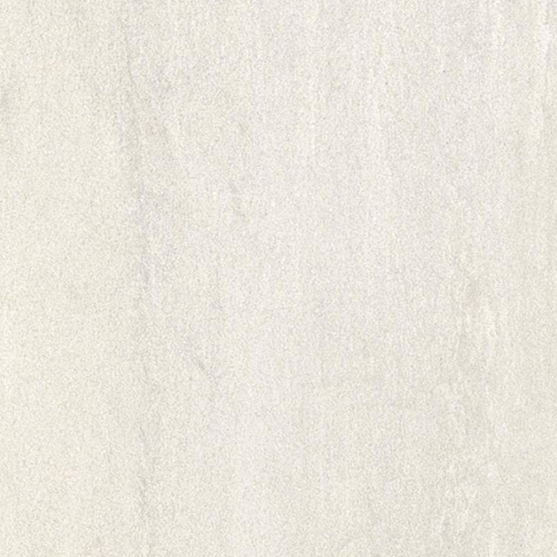 A close-up view of a porcelain tile with a subtle texture, resembling natural stone, in a light beige color with hints of white and faint veining patterns.