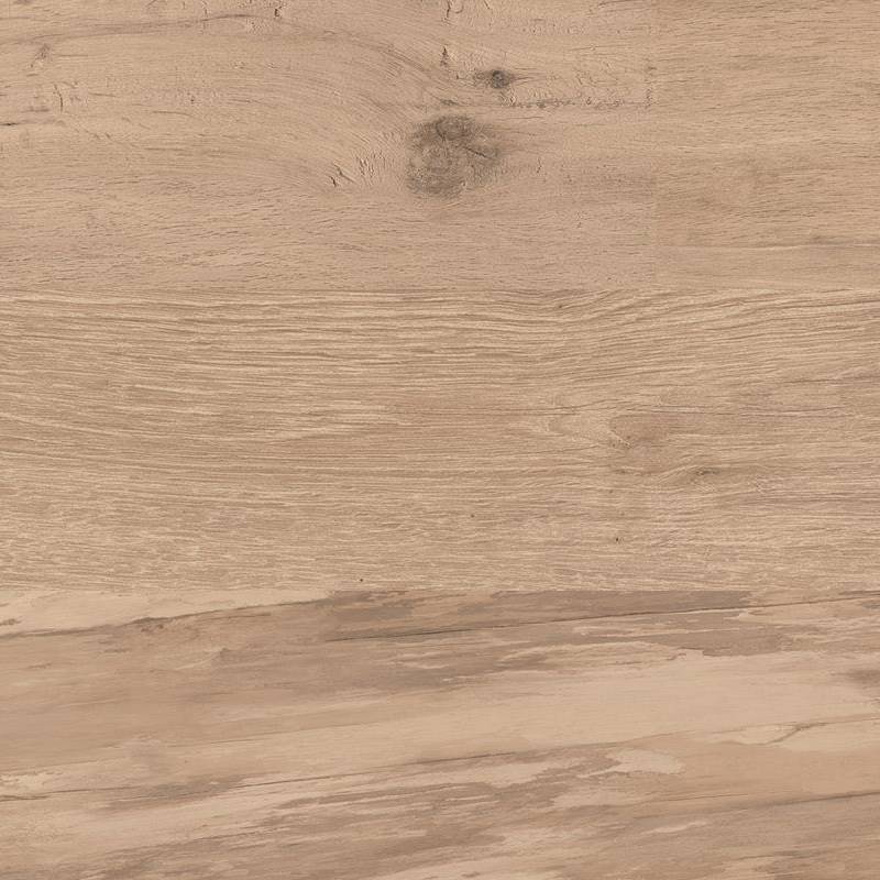 A close-up view of a beige porcelain tile with a wood grain design, featuring light and dark shades that mimic natural wooden planks.