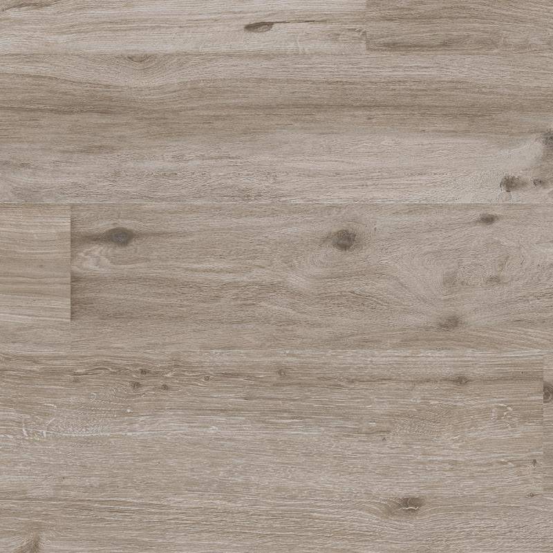 A close-up view of a porcelain tile with a wood grain pattern in hues of grey and beige, highlighting the realistic texture and mimicking natural wood planks.