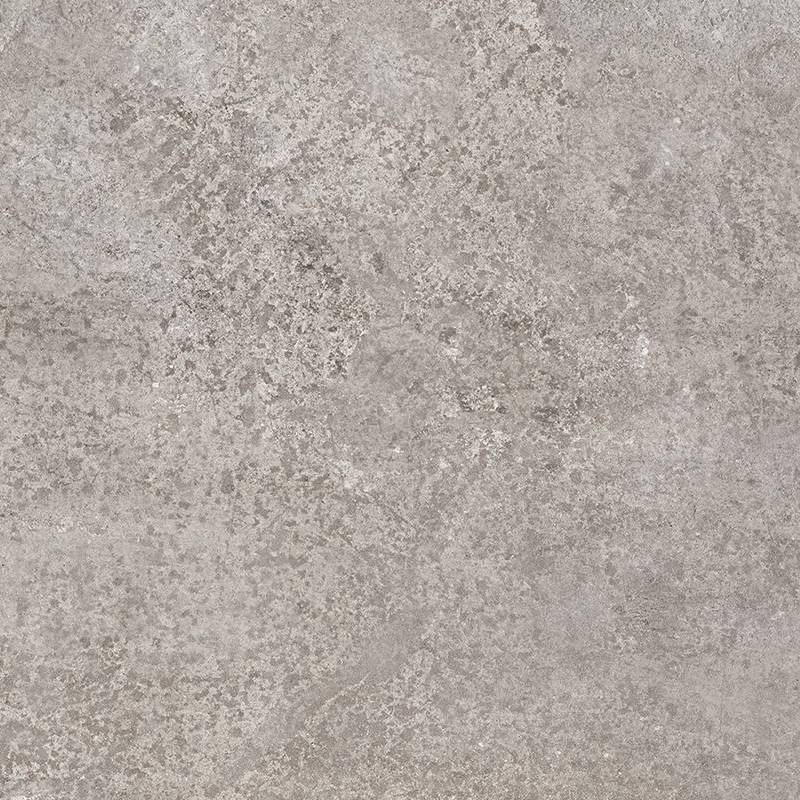 A close-up of a porcelain tile with a textured stone-like appearance, featuring various shades of grey and subtle patterns that resemble natural stone veining.