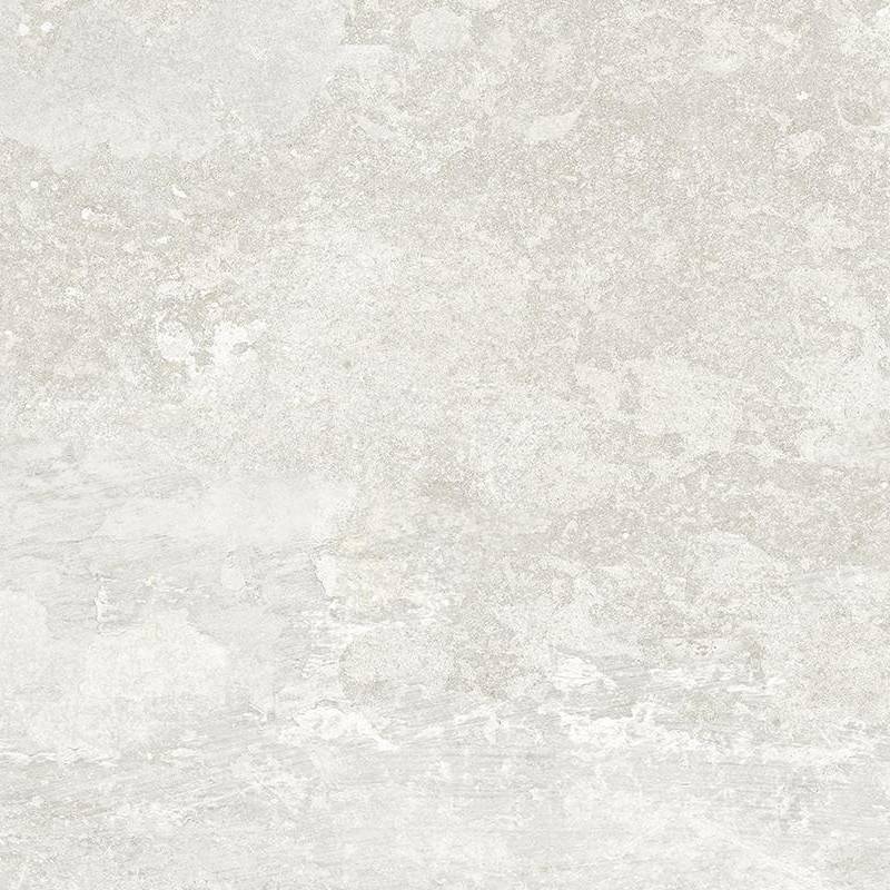 A close-up of a porcelain tile with a textured appearance blending shades of light beige, cream, and off-white, featuring subtle patterns and veins reminiscent of natural stone.