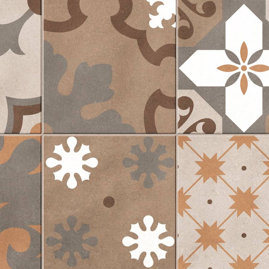 Porcelain tile with beige, brown, and white decorative patterns for flooring or wall design by Surface Group.
