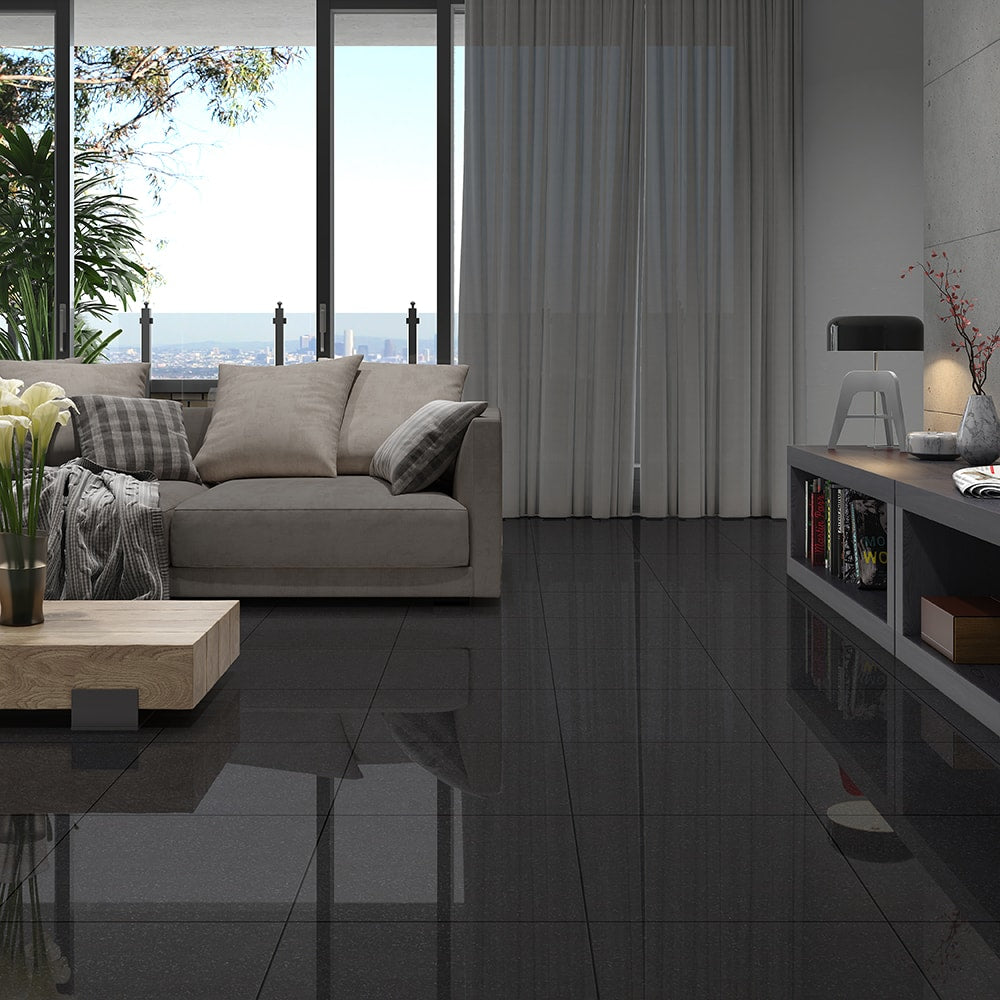 living room interior with polished black granite tile floor sold by surface group