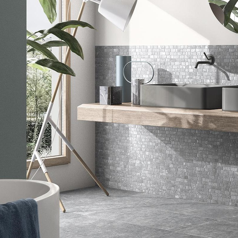 Limestone-effect porcelain tile bathroom showcasing modern design and durable flooring options