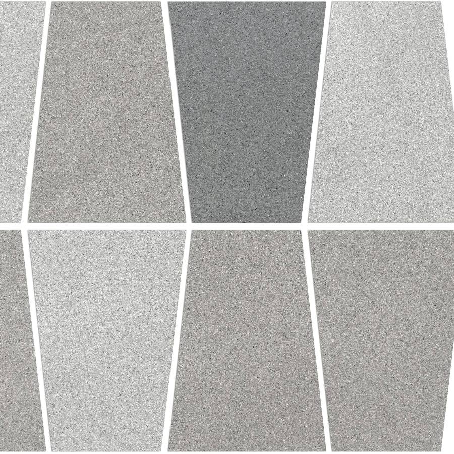 Porcelain tile with geometric multicolor pattern in shades of gray.
