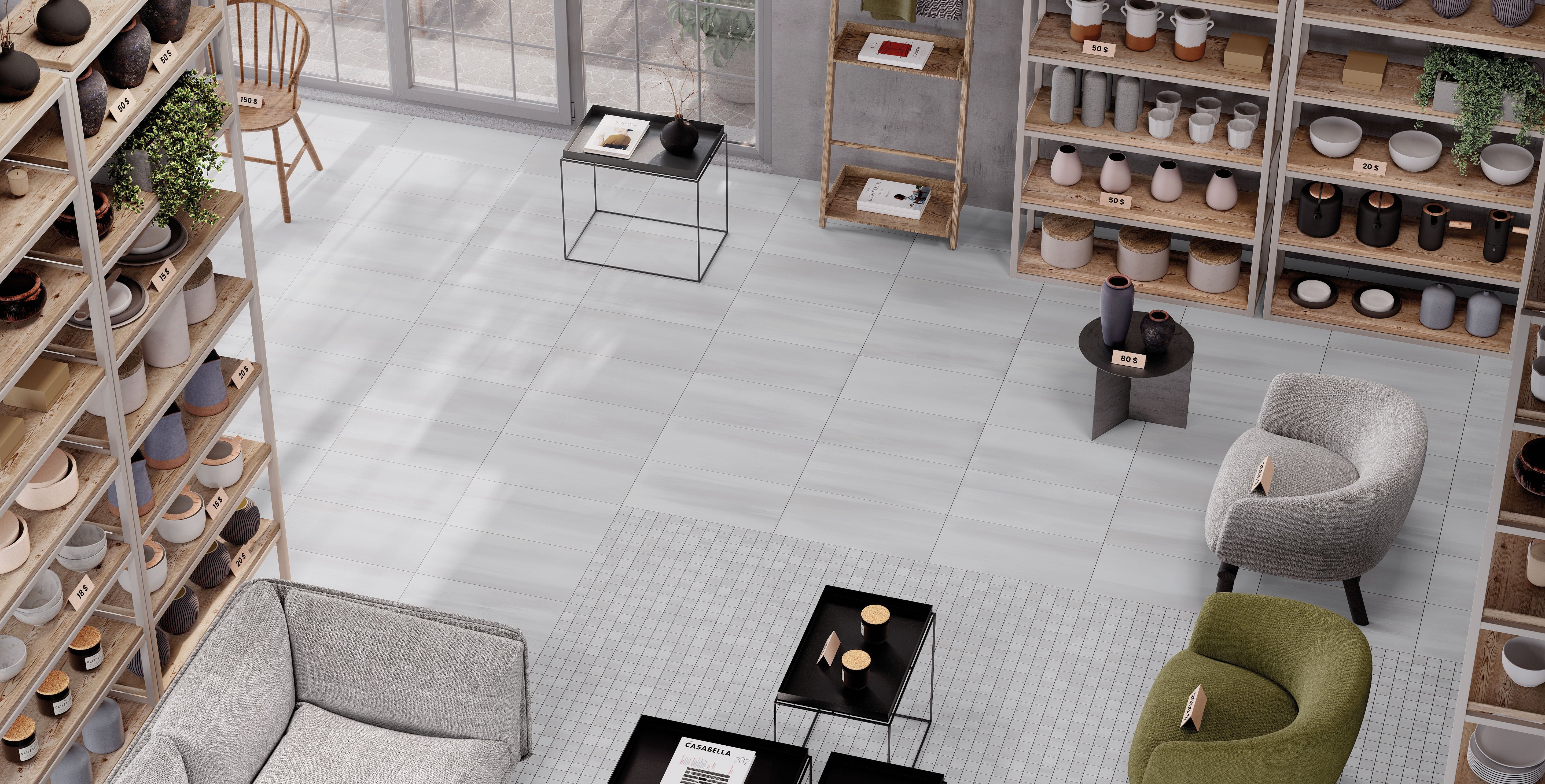 Porcelain tile collection from Surface Group featuring modern, sleek Miami-style tiles in a contemporary living space setting.