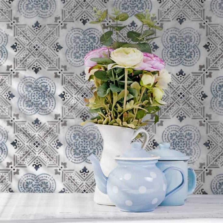 stone tile with printed deco kitchen wall interior with flowers