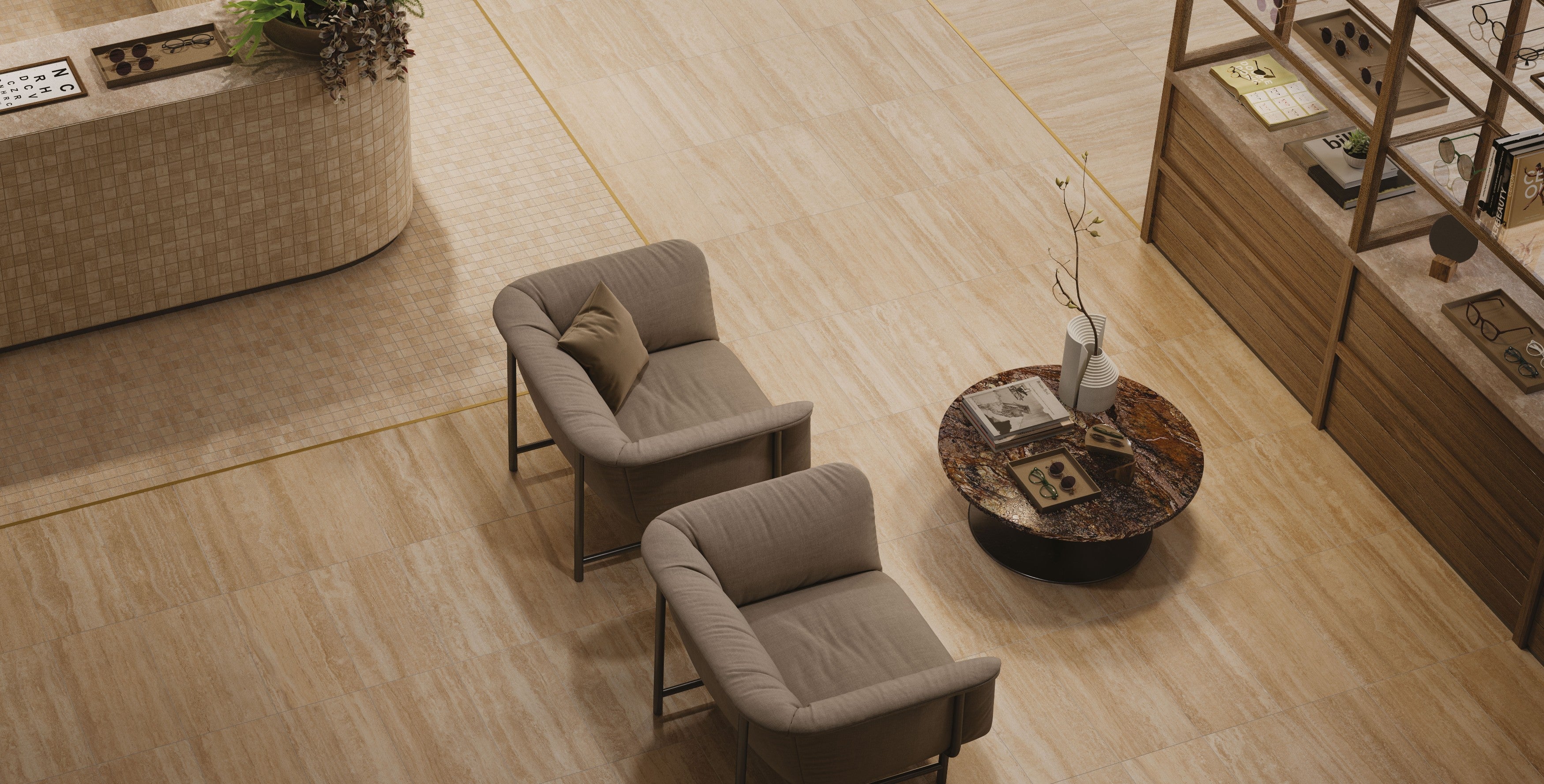 Porcelain tile collection from Surface Group showcasing Pisa series in a modern living room setting with elegant furniture and decor.