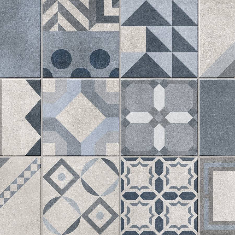 Porcelain tile with gray patterned design, ideal for flooring and wall installations, showcasing various geometric and traditional Portuguese azulejos styles.