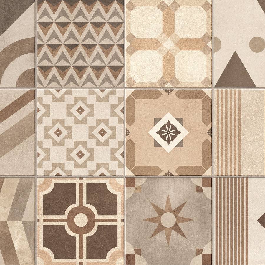 Porcelain tile with beige, brown, and gray geometric patterns for flooring or wall design by Surface Group.