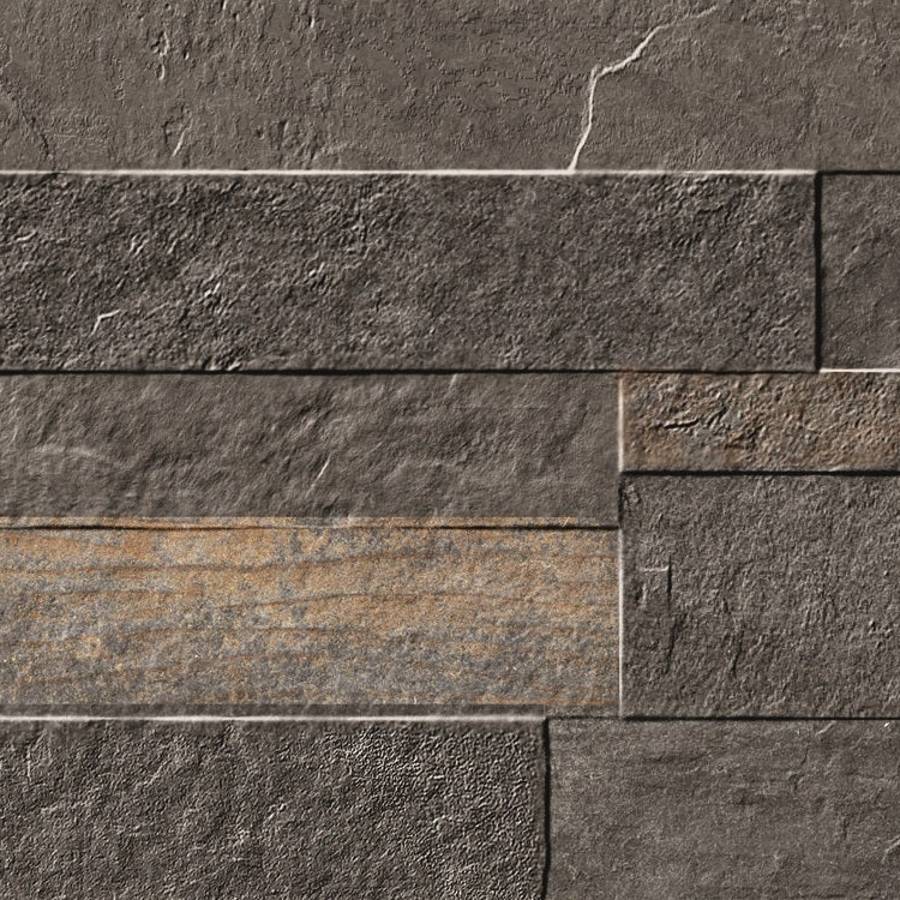 Porcelain ledgestone tile in varying shades of gray with textured finish for wall design.