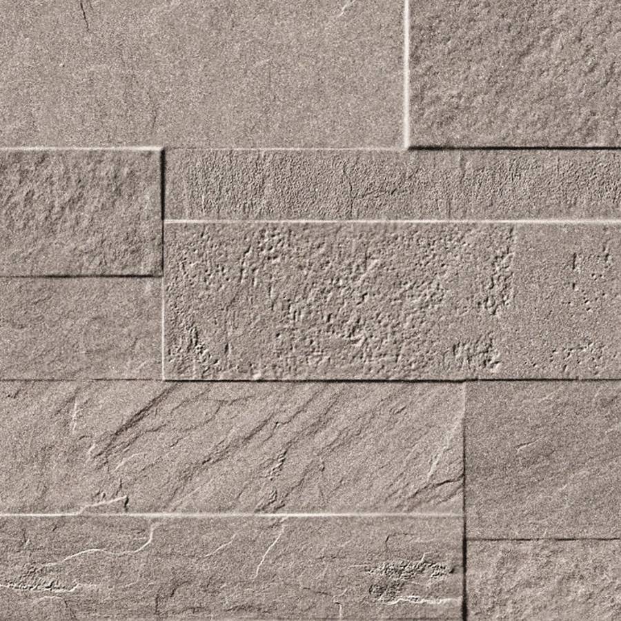 Porcelain ledgestone tile in varying shades of gray with textured finish for interior or exterior design.