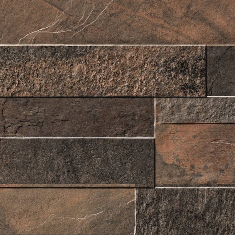 Porcelain ledgestone tile in various shades of brown with natural stone texture for wall design.