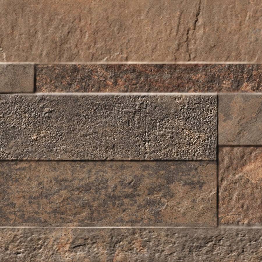 Close-up of brown porcelain ledgestone tile with textured finish for wall design.