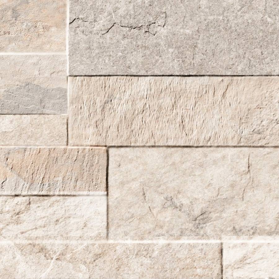 Porcelain ledgestone tile in beige with textured finish for wall design.