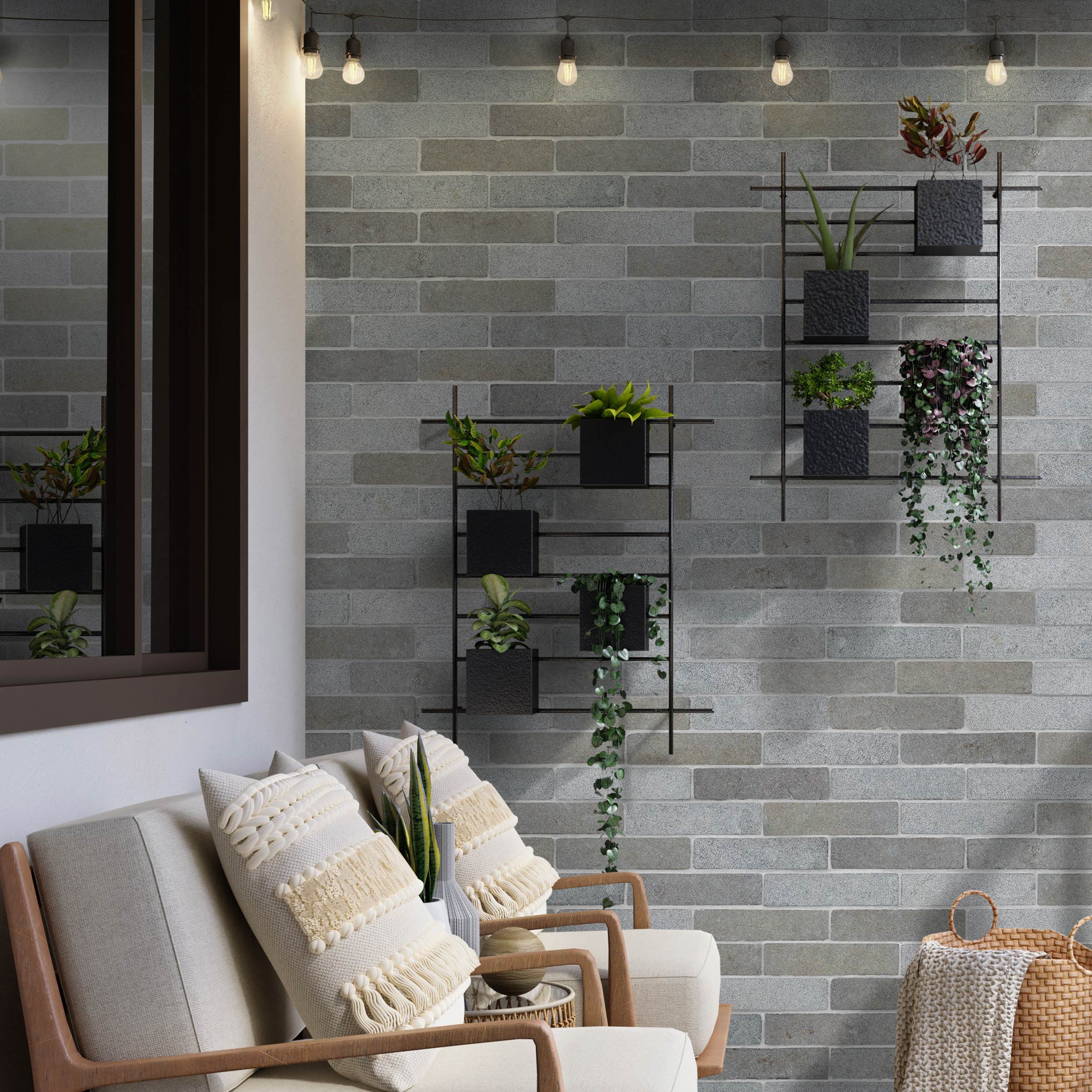 living room interior wall with sandstone thin brick tile sold by surface group