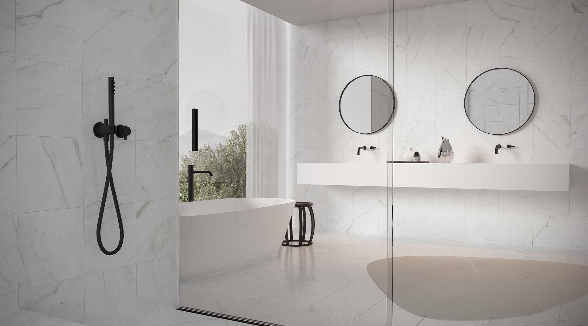 Elegant modern bathroom featuring Altezza porcelain tile collection with marble design, showcasing wall and floor tiles, freestanding bathtub, and minimalist vanity with round mirrors.