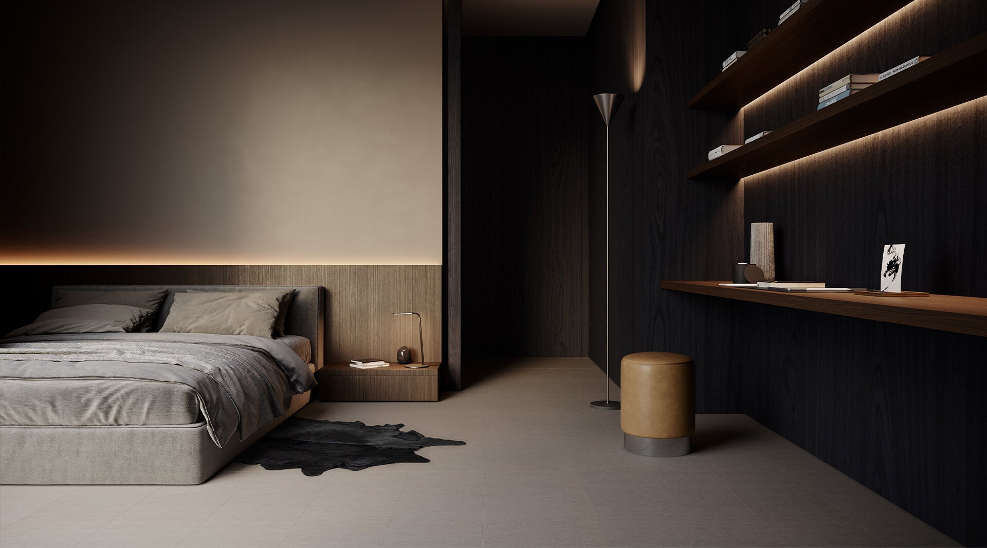 Elegant modern bedroom featuring Anatolia Belgian Linen Fog porcelain tile flooring with dark wood furniture and neutral tones.