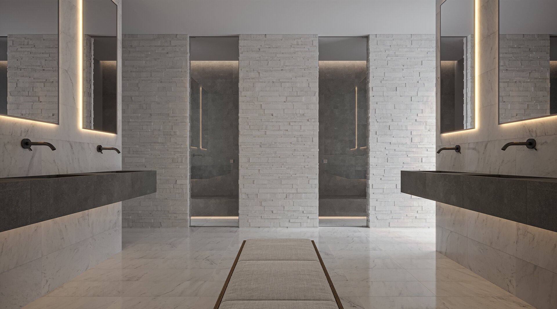 Elegant modern bathroom featuring Anatolia Davenport porcelain tile collection with textured wall design, integrated LED mirror lighting, and dual stone sinks.