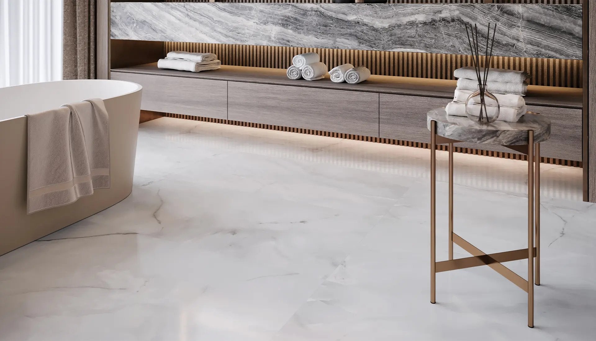 Modern bathroom featuring Anatolia La Marca porcelain tile collection with marble effect on floor and walls, showcasing elegant design and neutral tones